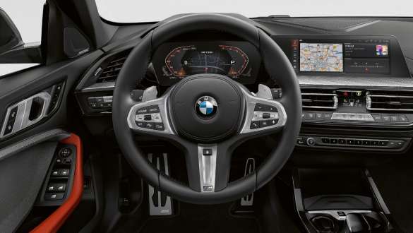 M Leather steering wheel. BMW M135i xDrive cockpit with M Leather steering wheel.