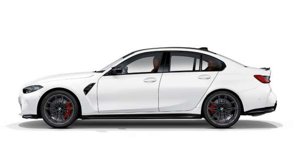 Side design BMW M3 Competition Saloon Frozen Brilliant White metallic G80 2020 BMW M3 Competition Saloon G80 2020 Frozen Brilliant White metallic Side design side view
