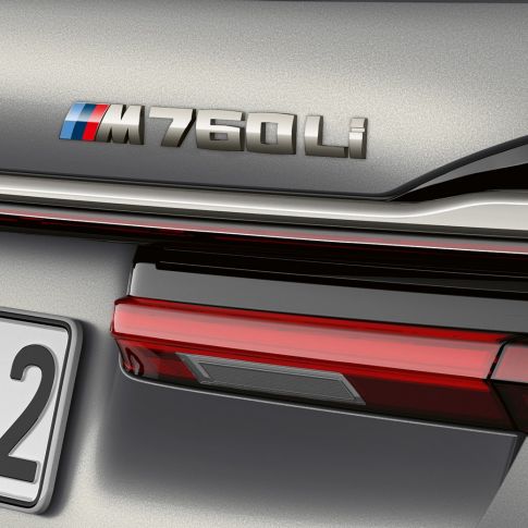 BMW M760Li xDrive Saloon, close-up of BMW M760Li badge BMW M760Li xDrive Saloon, close-up of BMW M760Li badge on the rear