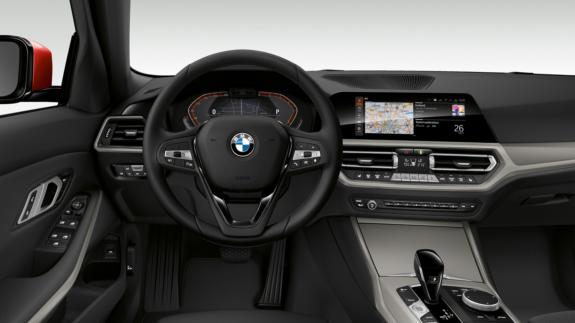 BMW 3 Series Saloon, Model Advantage Cockpit. Frontal close-up of the driver's cockpit of the BMW 3 Series Saloon with model Advantage features.