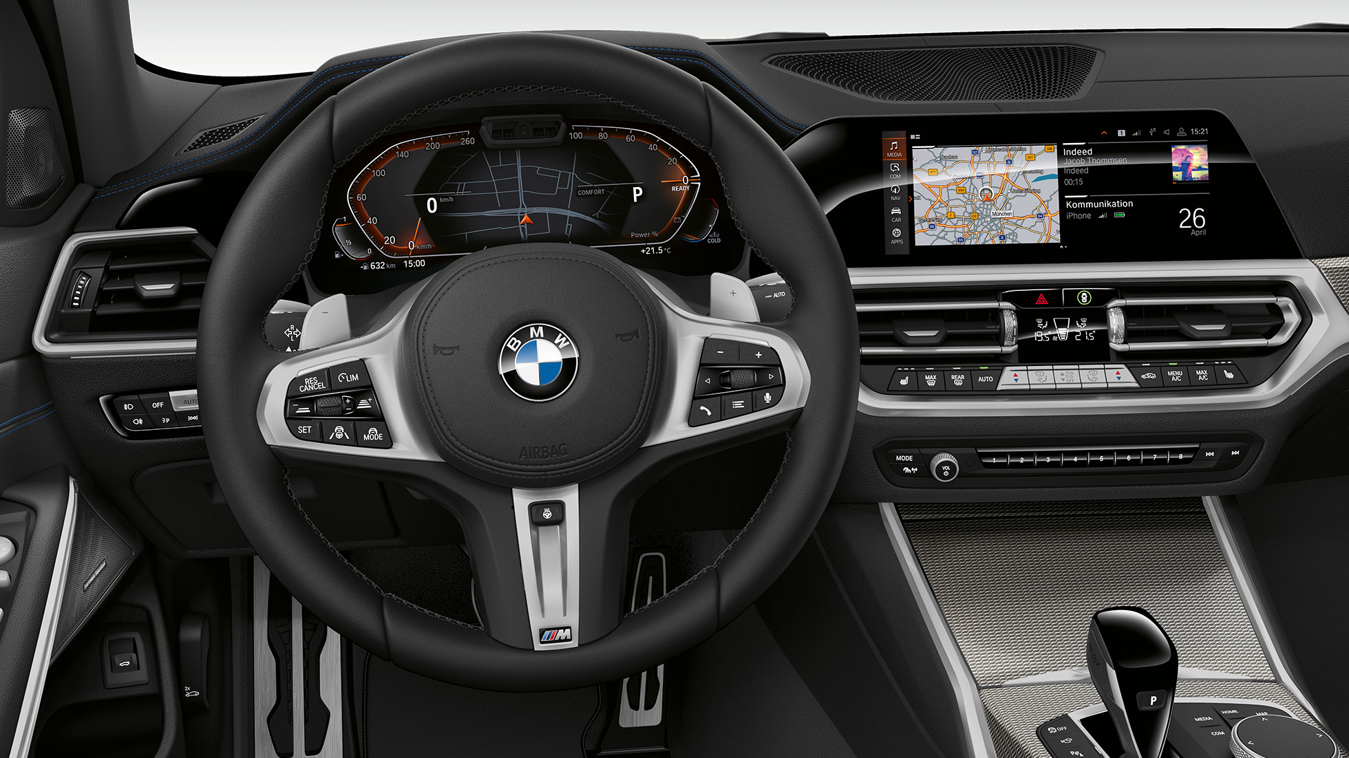 BMW 3 Series Saloon, Model Sport Line Cockpit. Frontal close-up of the driver's cockpit of the BMW 3 Series Saloon with Model Sport Line features.