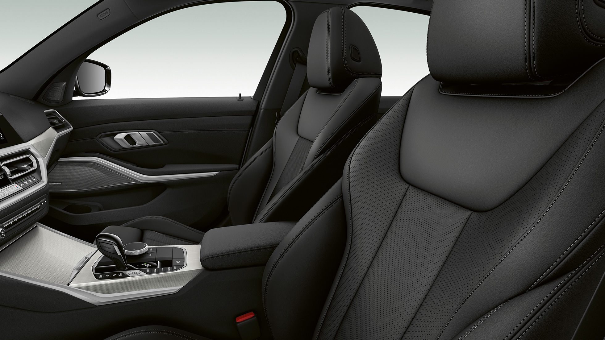 BMW 3 Series Saloon, Model Sport Line front seats. Side close-up of the front seats of the BMW 3 Series Saloon with Model Sport Line features.