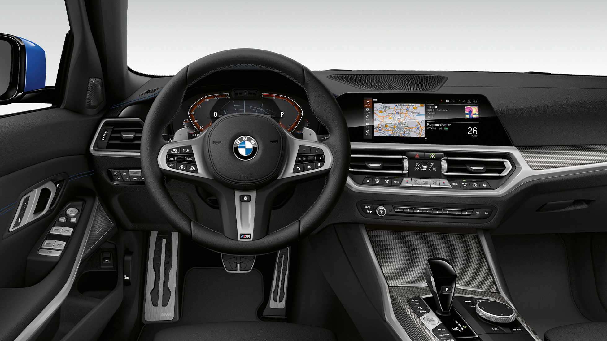 BMW 3 Series Saloon, Model M Sport Cockpit. Frontal close-up of the driver's cockpit of the BMW 3 Series Saloon with Model M Sport features.