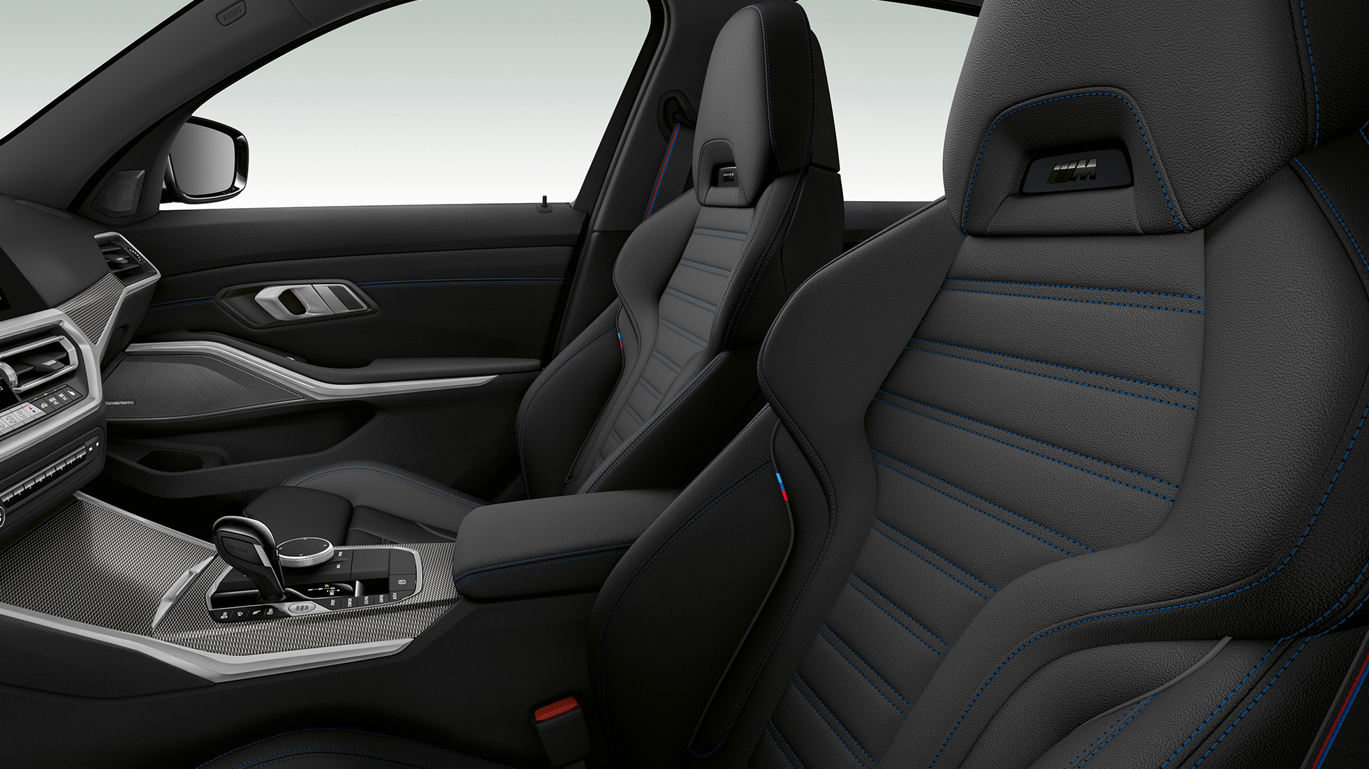 BMW 3 Series Saloon, Model M Sport front seats Side close-up of the front seats of the BMW 3 Series Saloon with Model M Sport features.