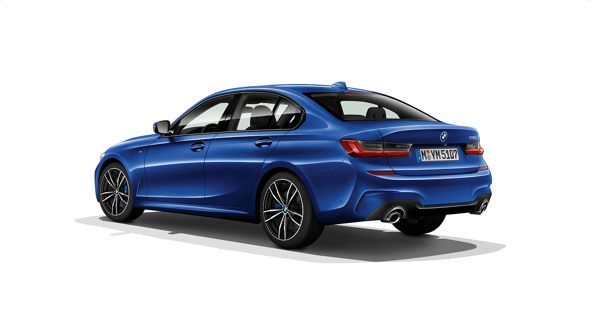 BMW 3 Series Saloon, Model M Sport rear. Three-quarter rear shot of the BMW 3 Series Saloon with Model M Sport features.