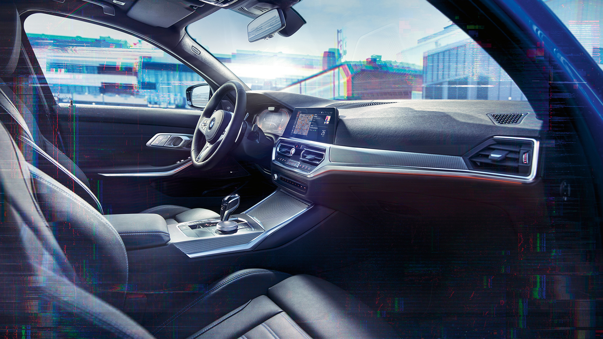 BMW 3 Series Saloon, BMW Live Cockpit Professional. Close-up of the interior of the BMW 3 Series Saloon with BMW Live Cockpit Professional.