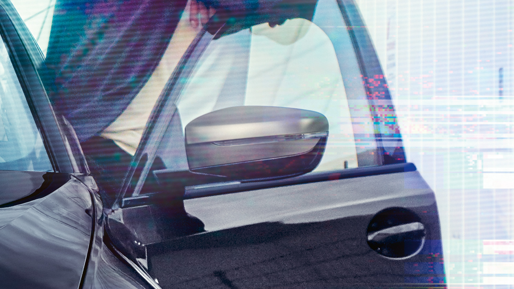 BMW 3 Series Saloon, mirror caps. Detail view of the open driver's door with mirror caps in Cerium grey metallic.