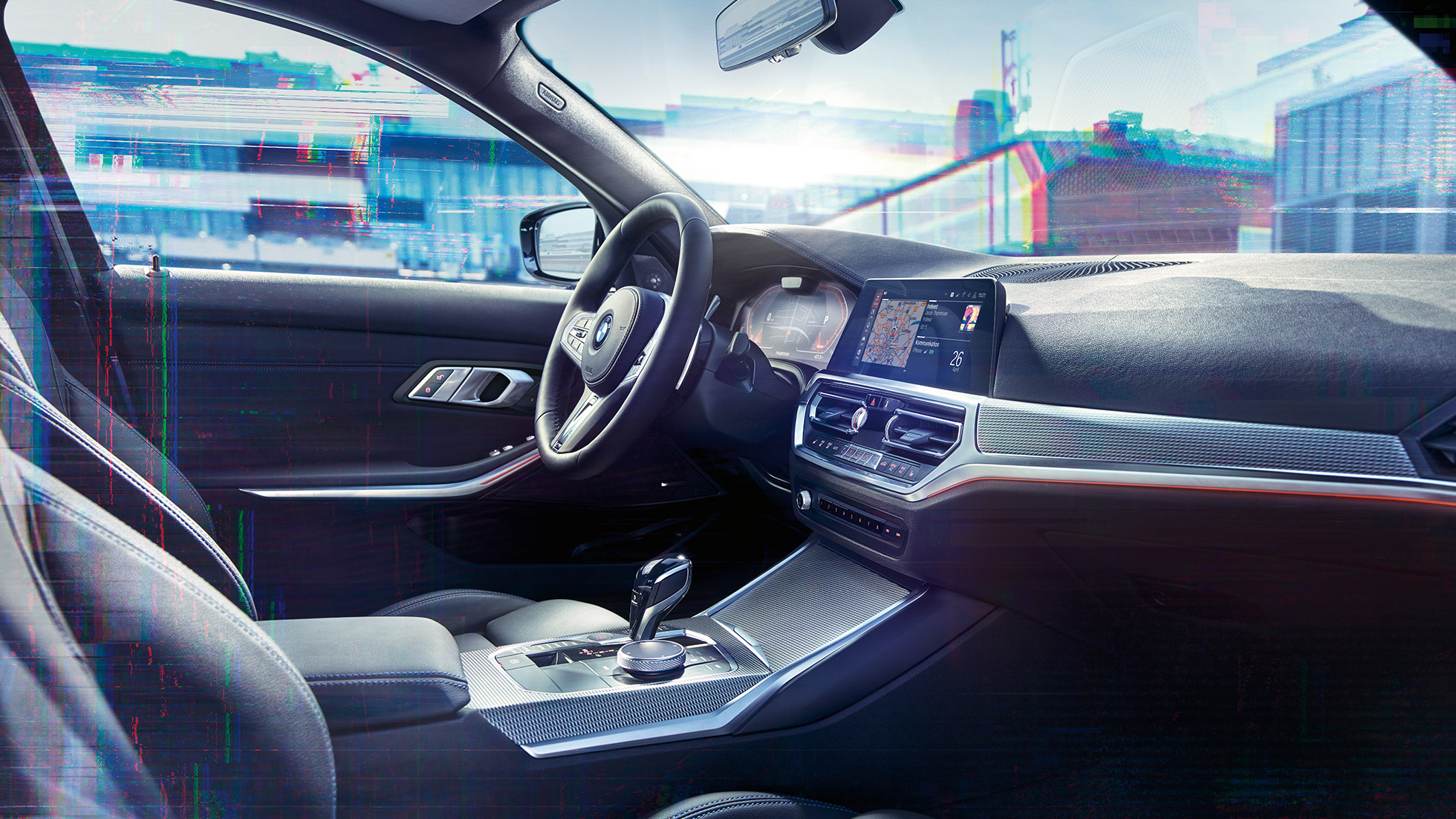 BMW 3 Series Saloon, M instrument cluster. Close-up of the interior of the BMW 3 Series Saloon with a lateral view of the cockpit and an instrument panel combination with M-specific display.