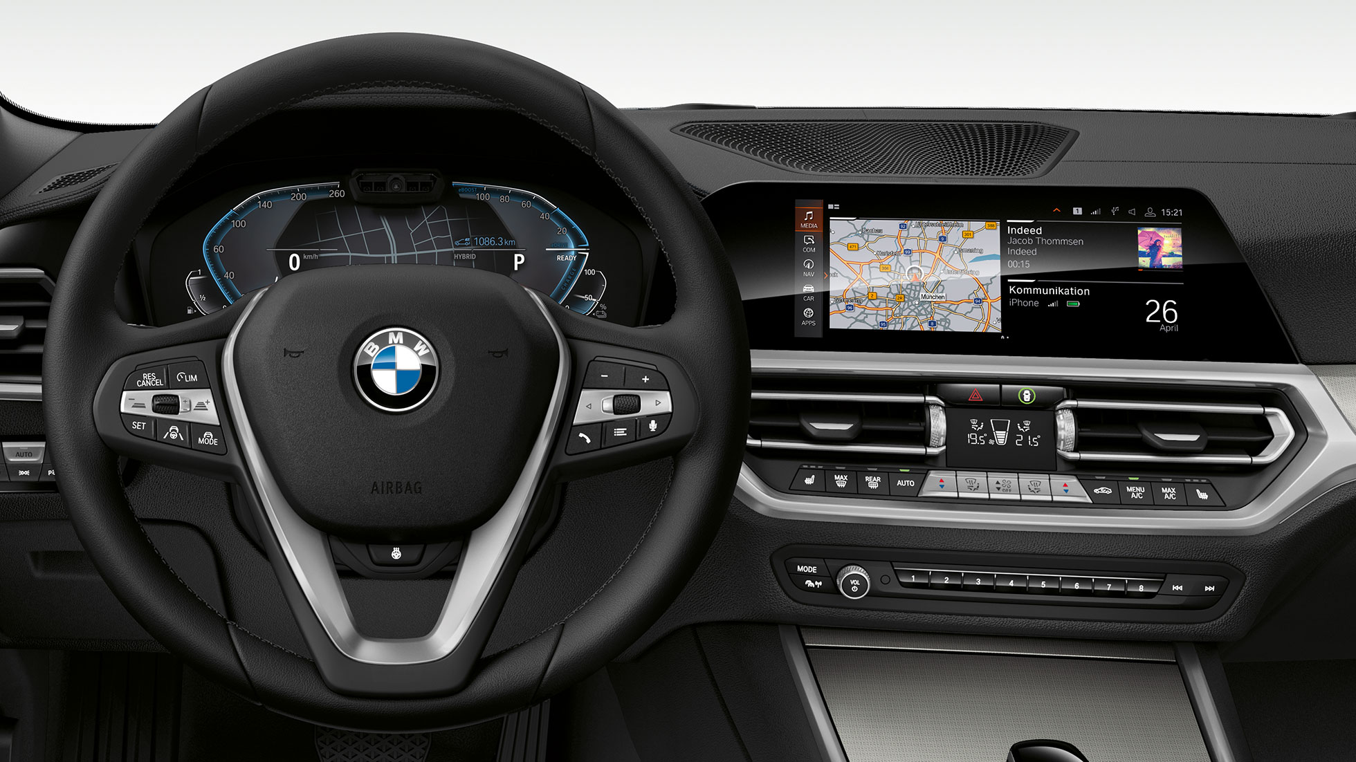 BMW 3 Series Saloon, Cockpit. Detailed frontal view of the BMW 3 Series Saloon cockpit with i-specific display.