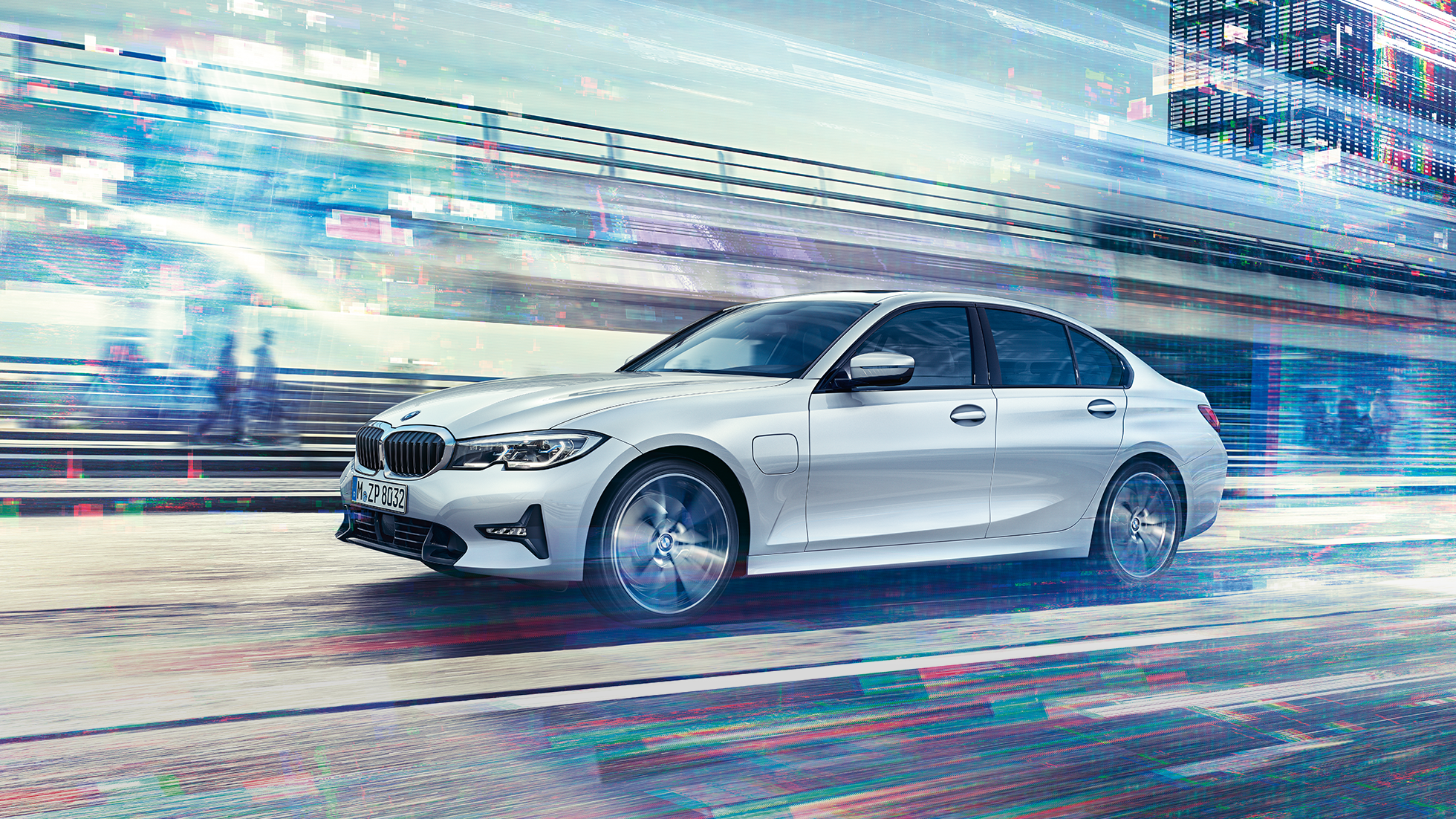BMW 3 Series Saloon, side view of the driving BMW 3 Series Saloon 330e. Side view of the driving BMW 3 Series Saloon 330e in front of urban backround.