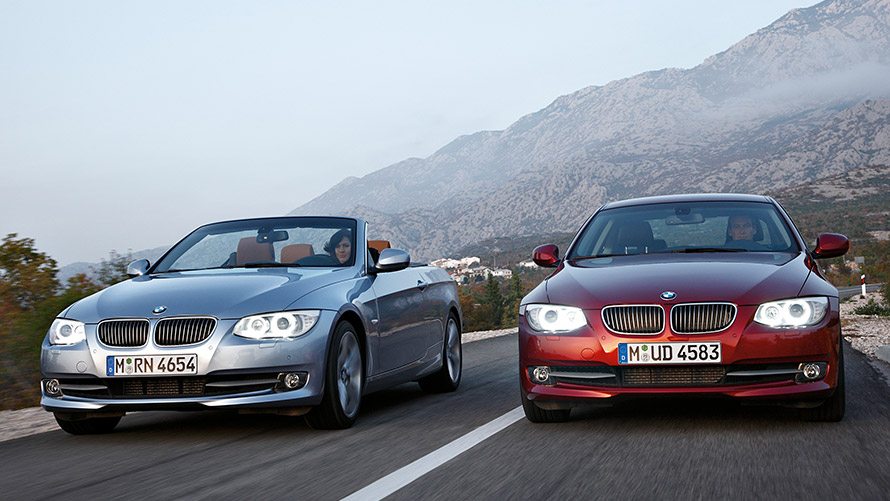 BMW 3 Series Saloon E90 BMW 3 Series Convertible E93 fifth generation front view on the street BMW 3 Series models BMW 3 Series Saloon E90 BMW 3 Series Convertible E93 fifth generation front view on the street