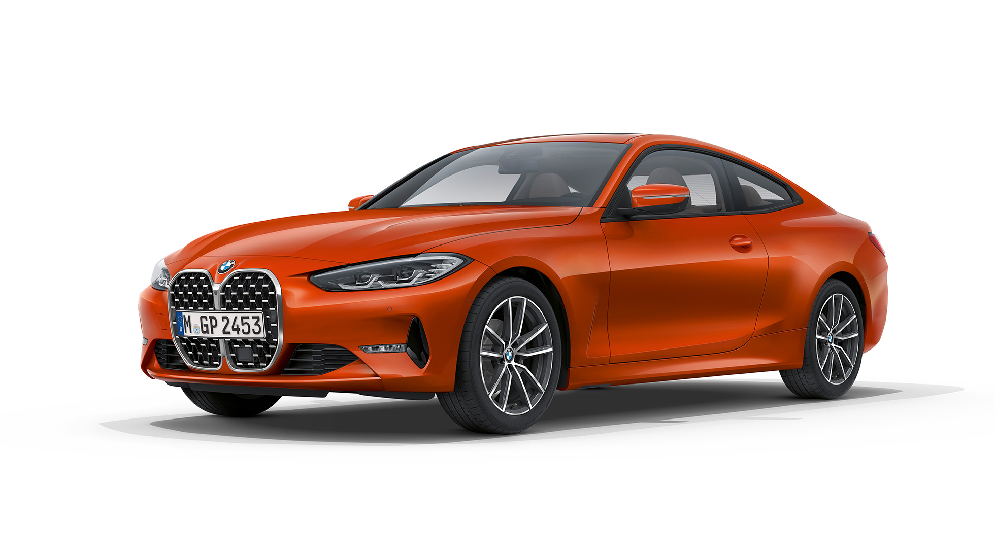 Three-quarter front view BMW 4 Series Coupé Basic equipment G22 2020 BMW 4 Series Coupé G22 2020 Basic equipment Sunset Orange metallic three-quarter front view