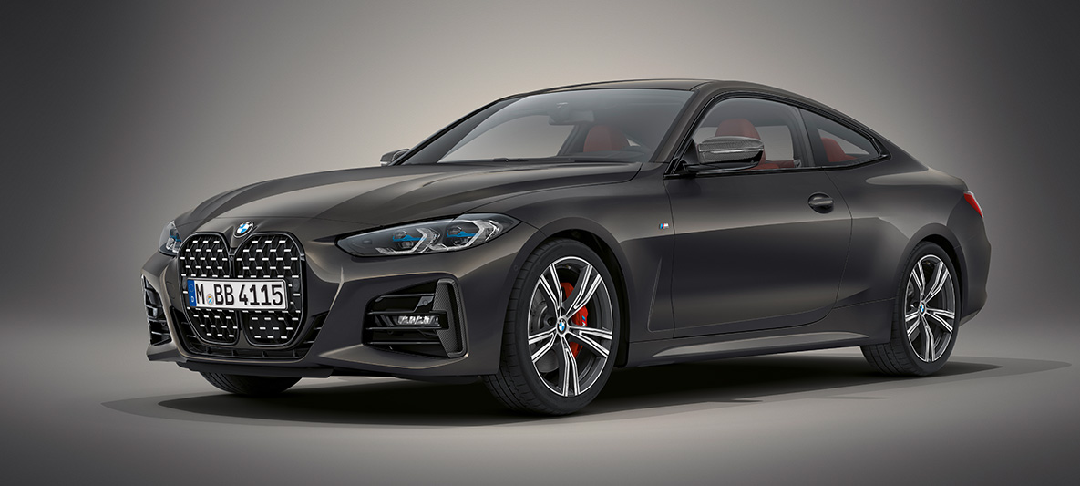 BMW Individual Dravite grey metallic BMW 4 Series Coupé G22 2020 BMW 4 Series Coupé Individual Dravite grey metallic G22 2020 three-quarter front view standing