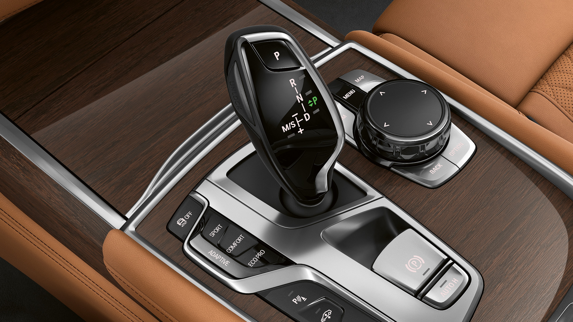 BMW 7 Series Saloon with Exterior Design Pure Excellence, gear selector BMW 7 Series Saloon in with Exterior Design Pure Excellence: Close-up of gear selector
