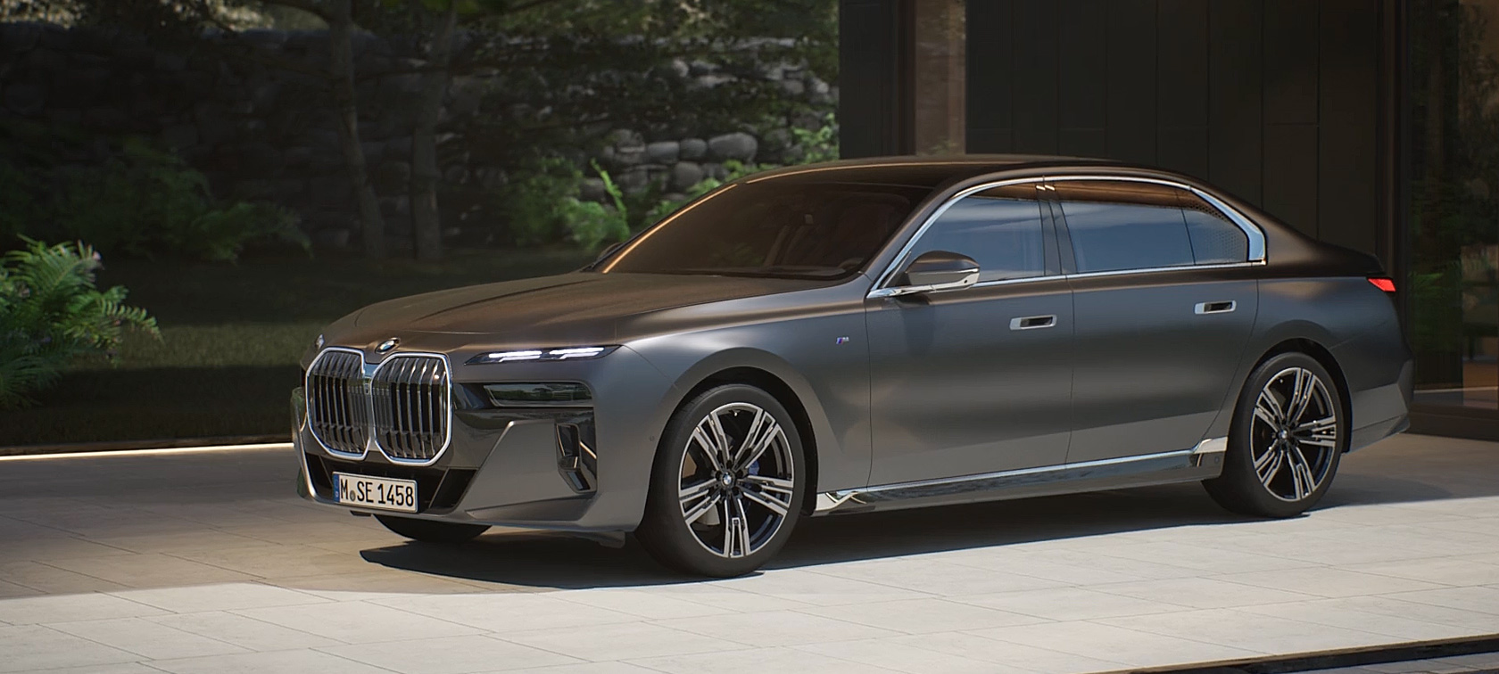 BMW 7 Series Saloon G70 ICE 740i M sports package exterior highlights BMW 7 Series Saloon G70 ICE 740i M sports package, Frozen Deep gray metallic, 21" M light alloy wheels Star-spoke style 908 exterior highlights