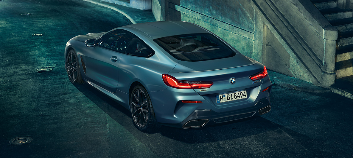 The BMW M850i Coupé First Edition, three-quarters rear A three-quarter rear still shot of the BMW M850i Coupé First Edition in an urban setting