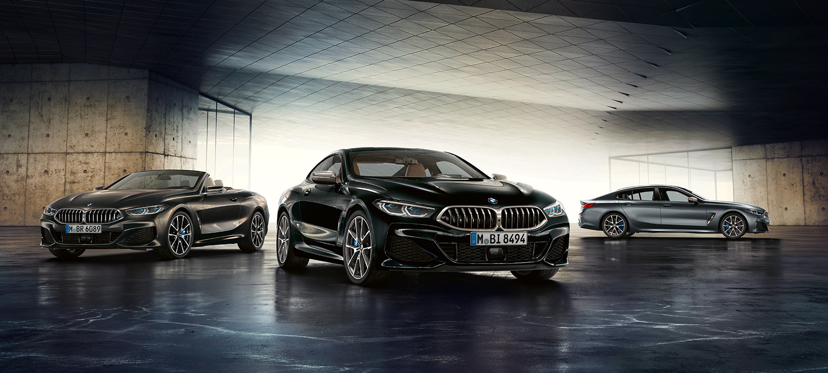 BMW 8 Series Coupé (G15) three-quarter front view BMW 8 Series Convertible (G14) three-quarter front view BMW 8 Series Gran Coupé (G16) 7/8 side view, all standing BMW 8 Series Coupé (G15) three-quarter front view BMW 8 Series Convertible (G14) three-quarter front view BMW 8 Series Gran Coupé (G16) 7/8 side view, all standing
