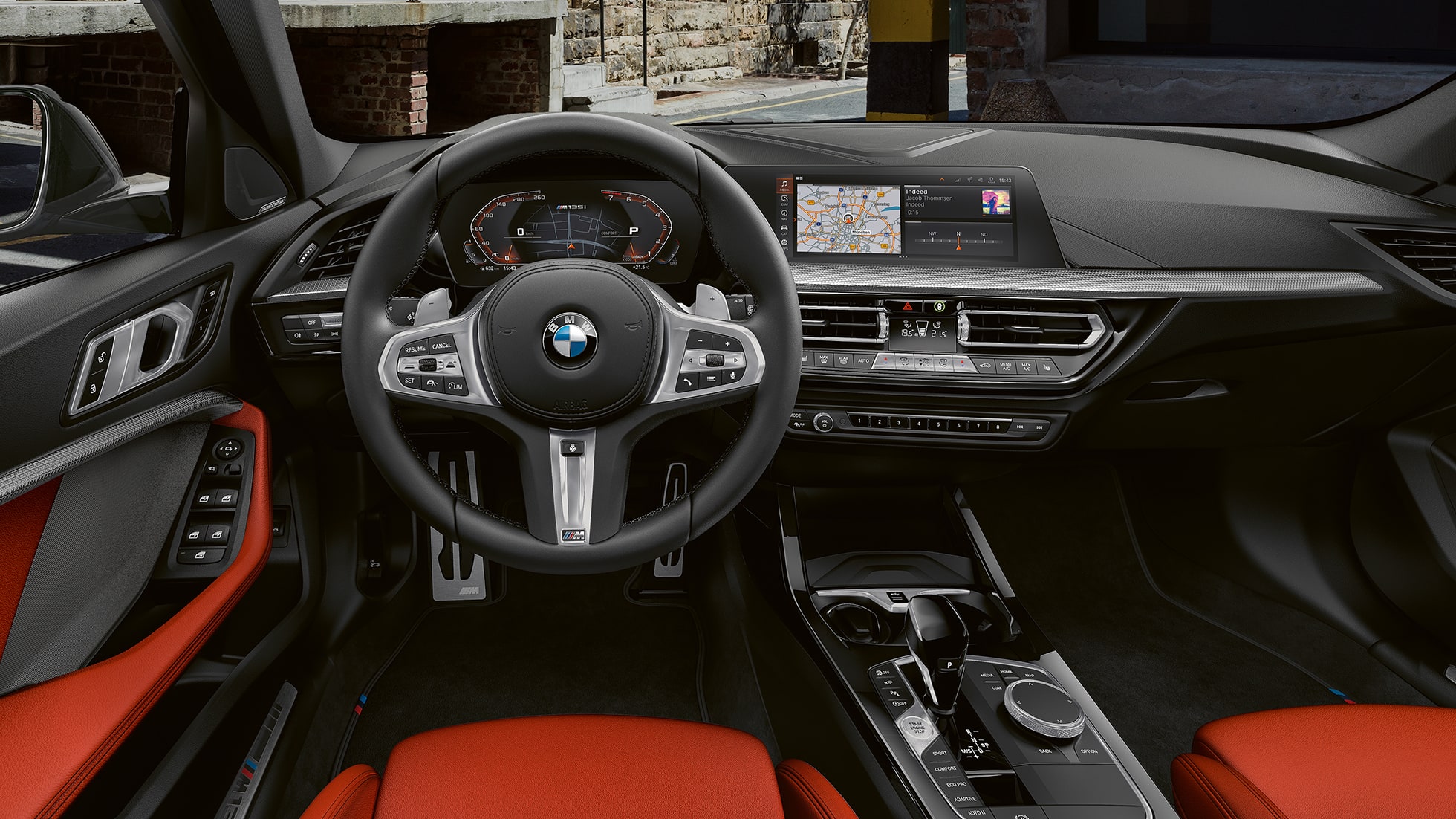 BMW M135i xDrive, interior. BMW M135i xDrive interior with M Leather steering wheel and M Sport seats.