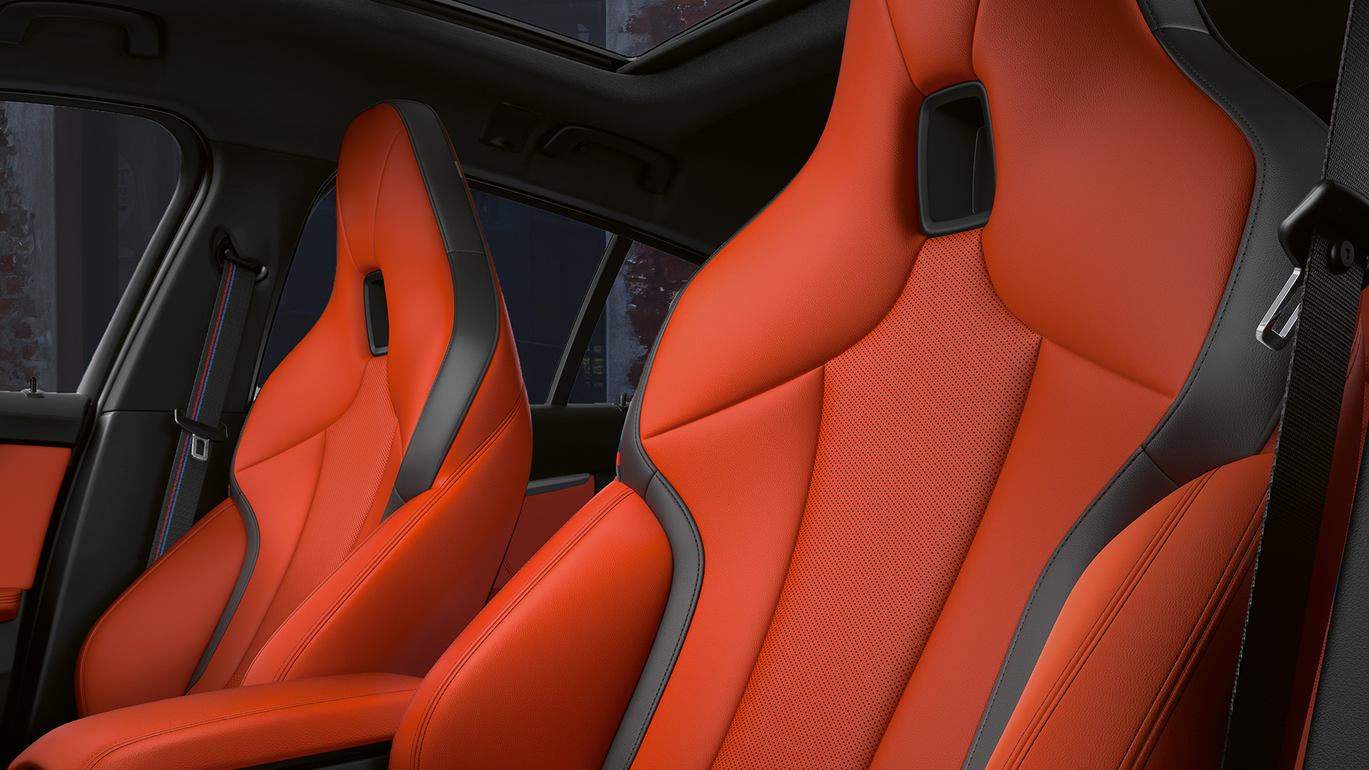 M Sport seats with integrated headrest. Athletic M Sport seats with integrated headrest in the interior of the BMW M135i xDrive.