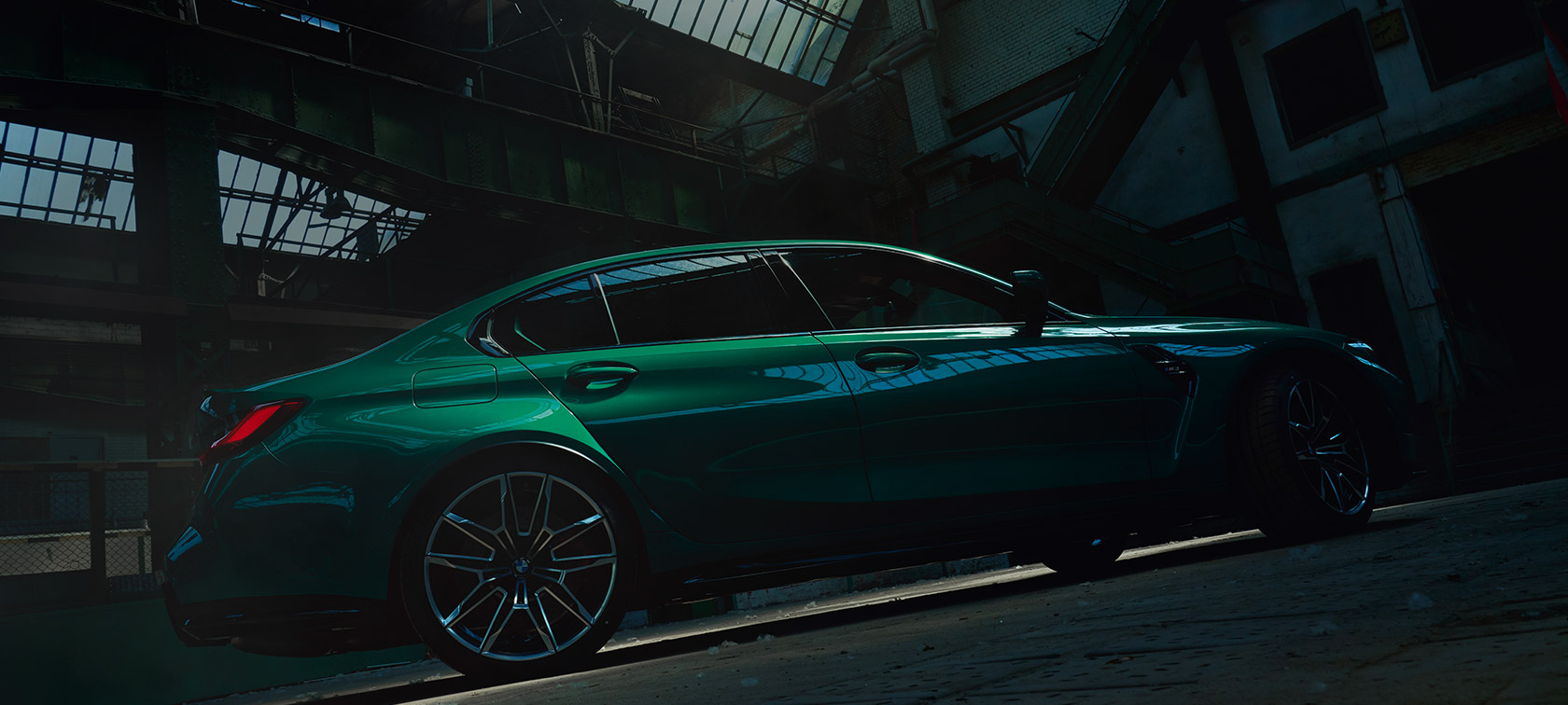 BMW M3 Saloon G80 2020 side view worm's-eye view BMW M3 Saloon G80 2020 Isle of Man Green metallic side view worm's-eye view