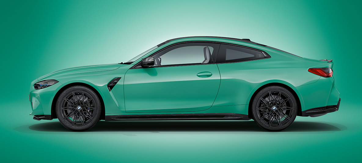 BMW M4 Coupé BMW Individual Mint Green metallic G82 2021 side view standing BMW M4 Coupé BMW Individual Mint Green metallic G82 2021 side view standing