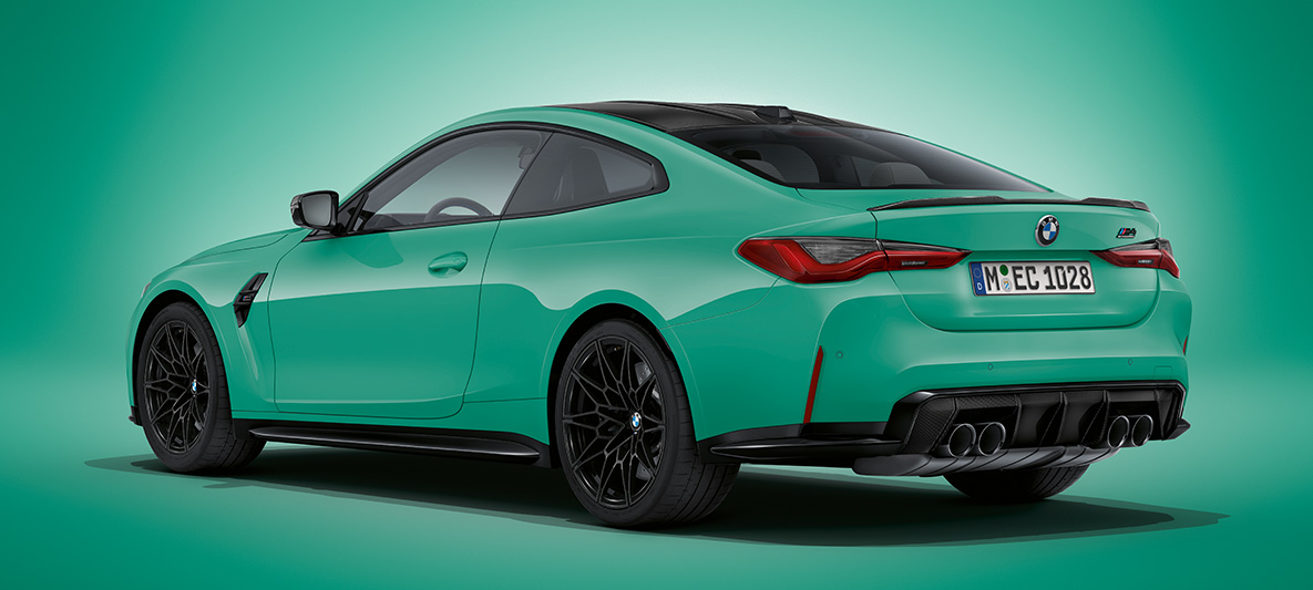 BMW M4 Coupé BMW Individual Mint Green metallic G82 2021 three-quarter rear view standing BMW M4 Coupé BMW Individual Mint Green metallic G82 2021 three-quarter rear view standing