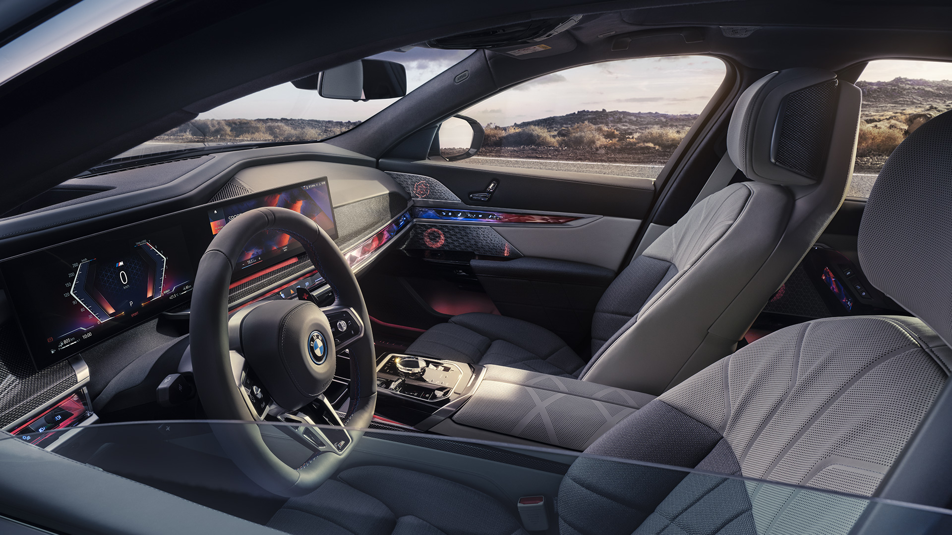 My Mode Sport BMW M760e xDrive Saloon G70 My Mode Sport BMW M760e xDrive Saloon G70 View from the outside through half-closed window glass into the interior