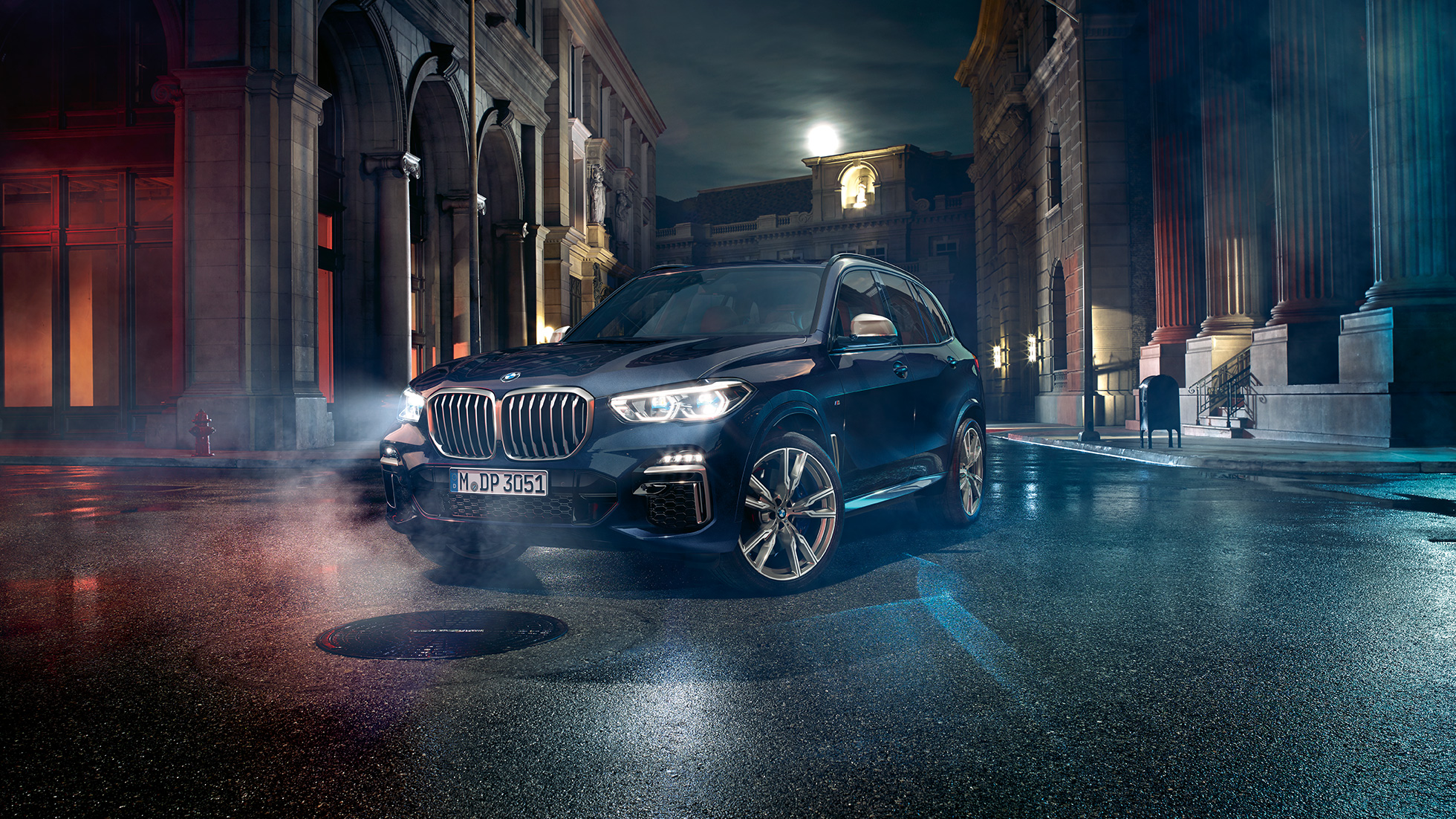 Headlights BMW X5 M50i Headlights with X Laserlight BMW X5 M50i G05 Carbon black metallic three-quarter front view
