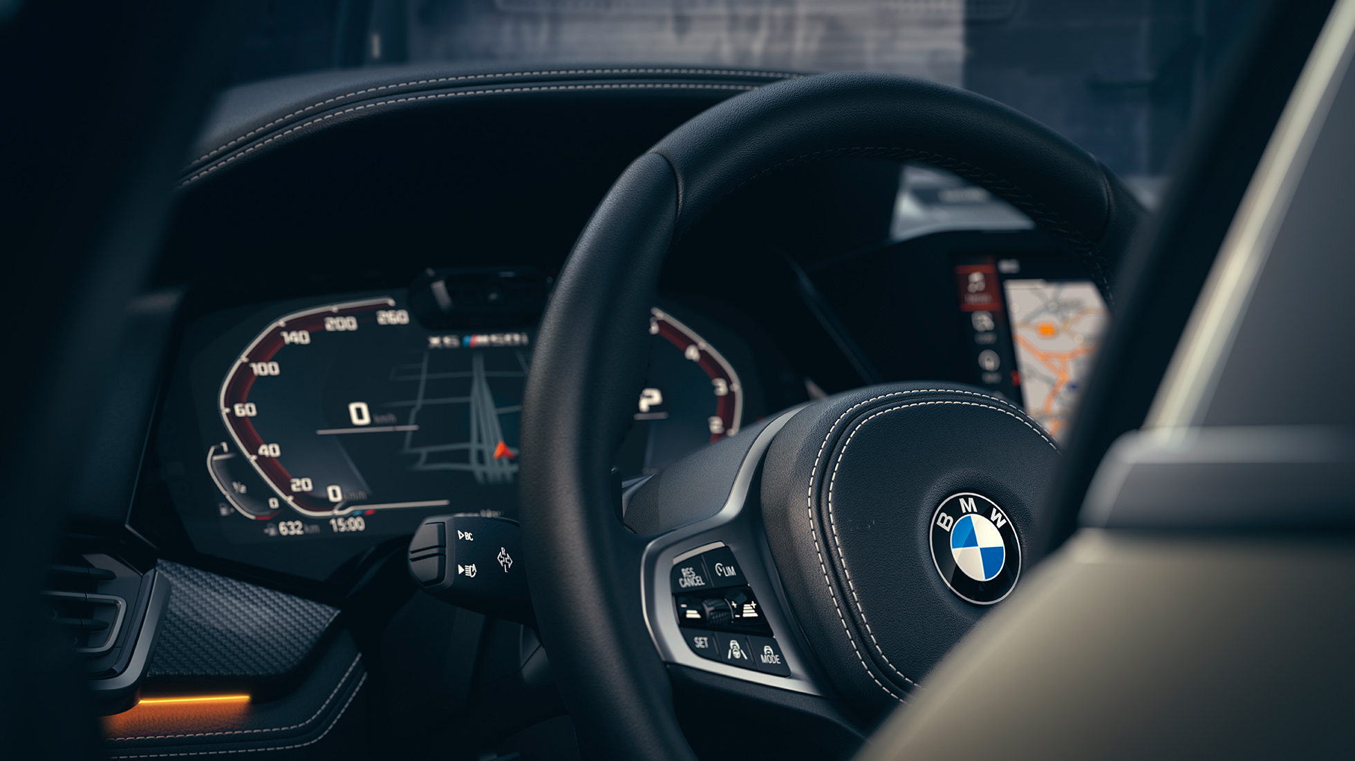 BMW assistance systems. Close-up of the BMW interior with focus on Instrument cluster .