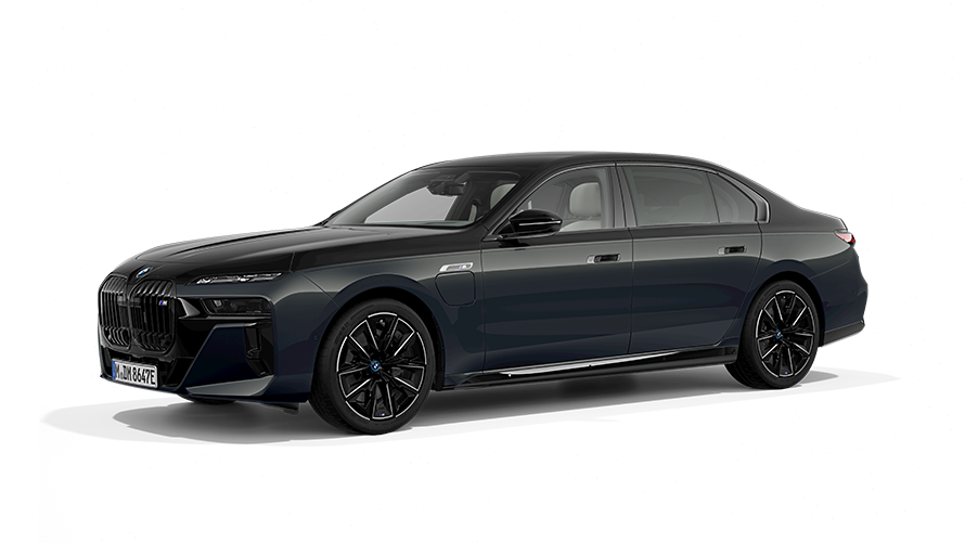 BMW M760e xDrive PHEV car three-quarter front view BMW M760e xDrive PHEV car three-quarter front view